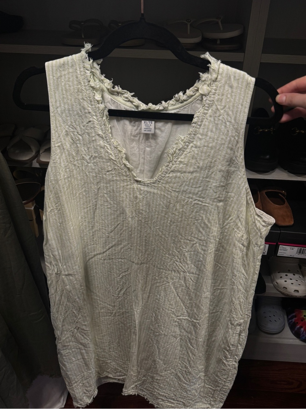 Soft Crinkled Sleeveless Linen Shift Dress - Light Cream & Mint Striped